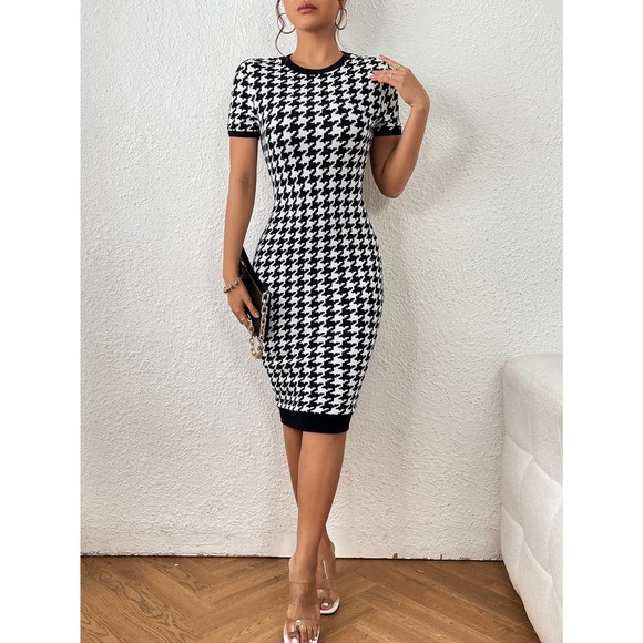 Plazacore Houndstooth Print Contrast Binding Bodycon midi Dress - Picture 3 of 5